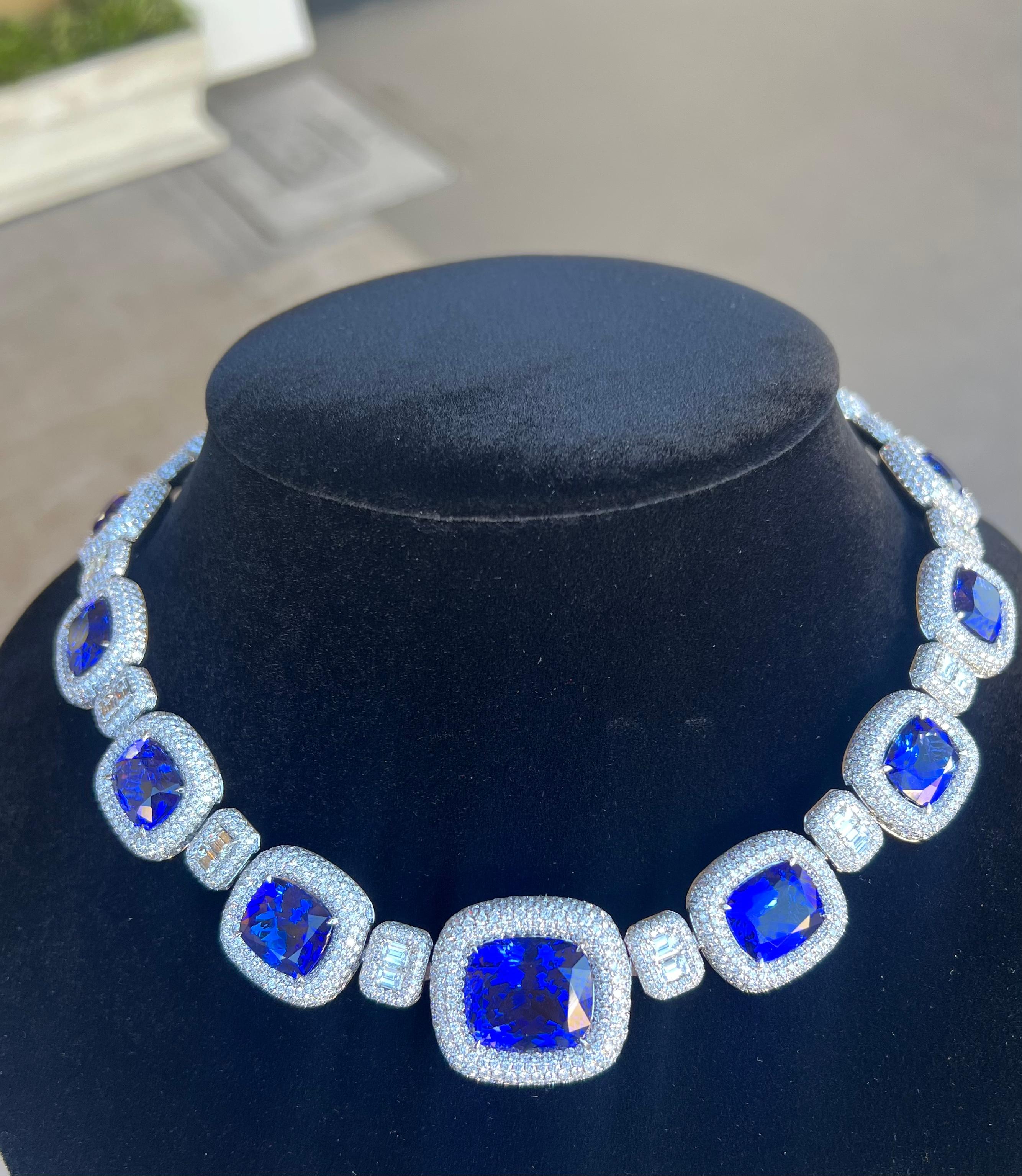 Opulent 211 Carat AAAA Intense Blue Tanzanite and Diamond 18 Karat Gold Necklace 9