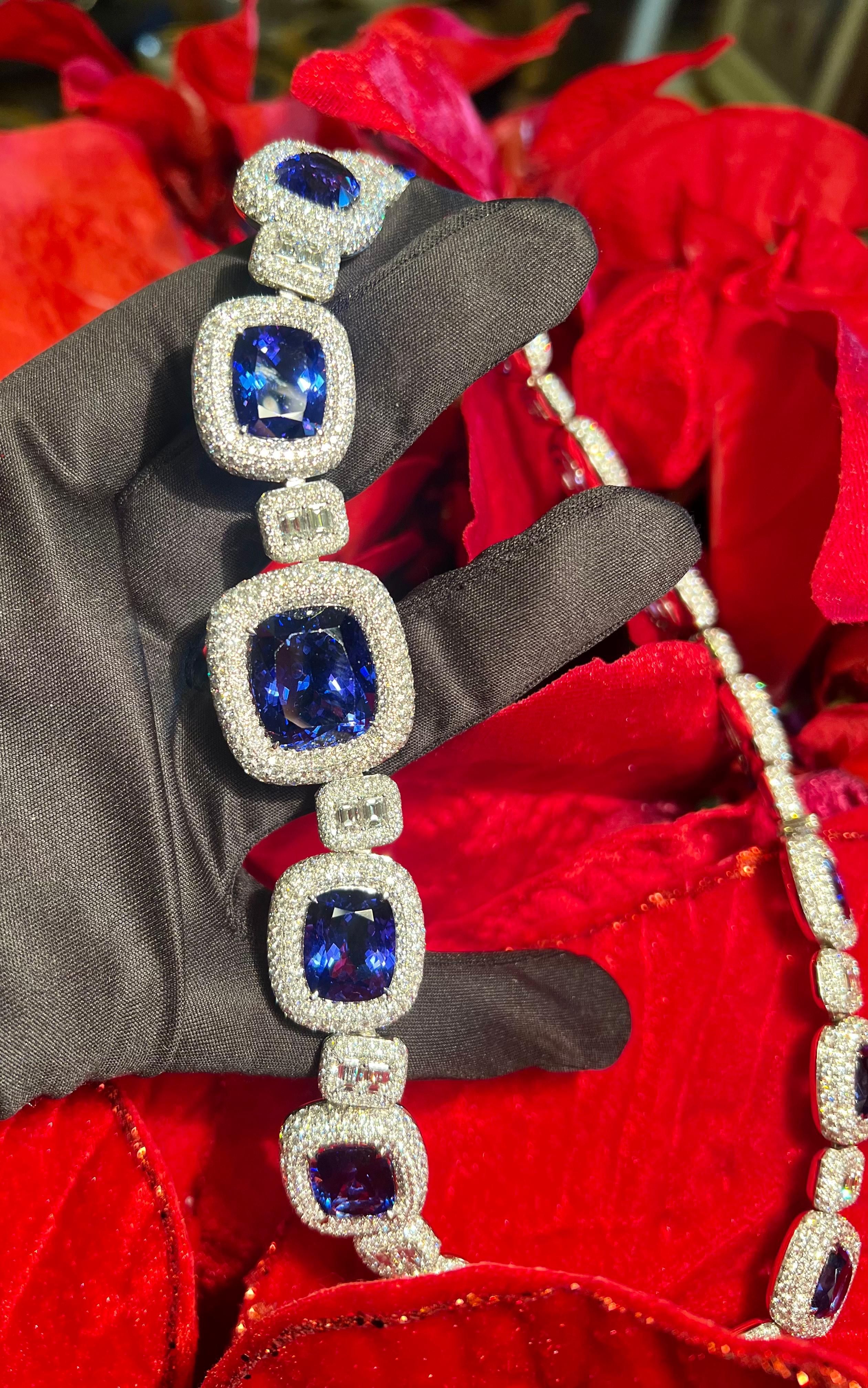 Artisan Opulent 211 Carat AAAA Intense Blue Tanzanite and Diamond 18 Karat Gold Necklace