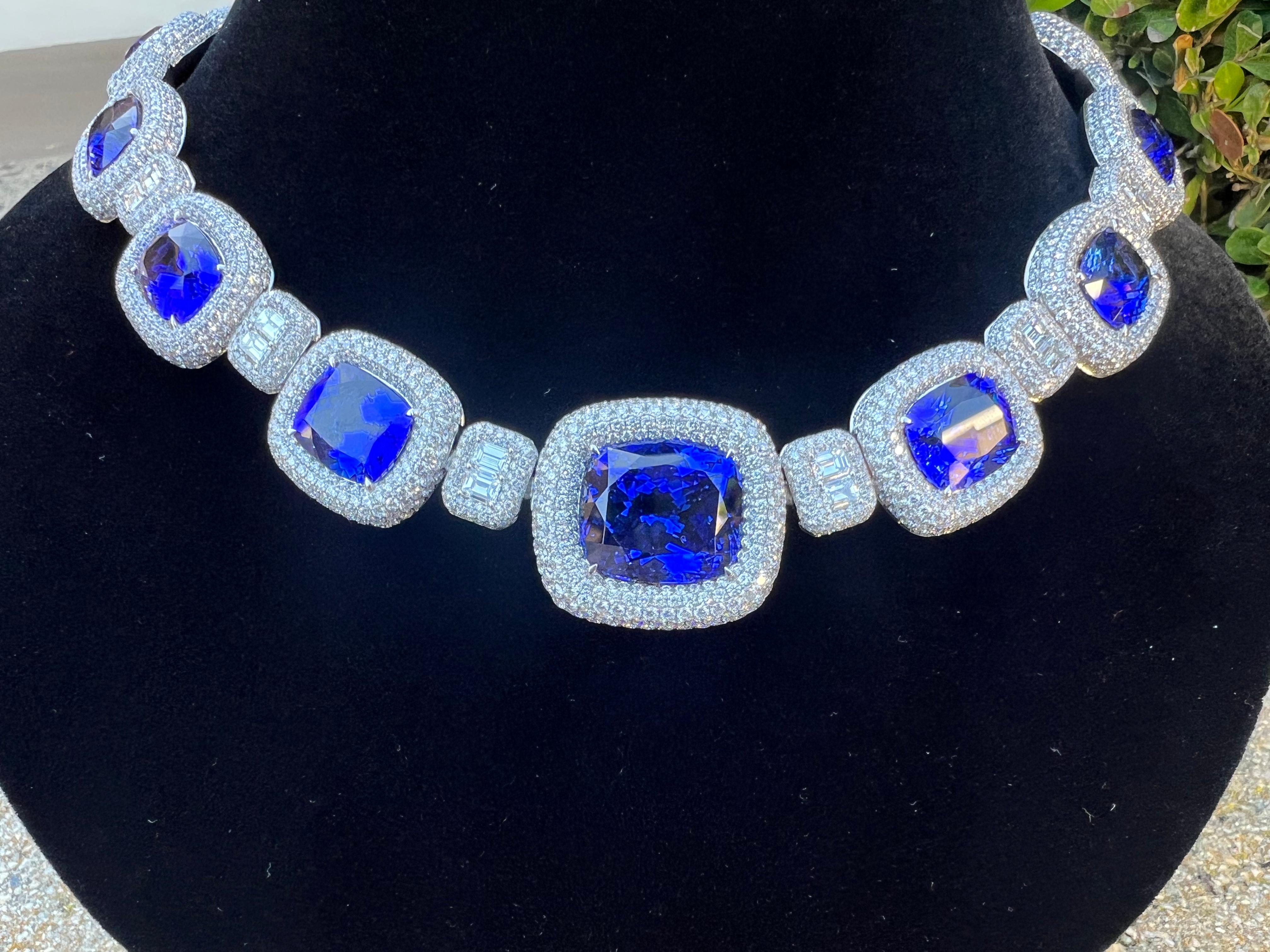 Women's Opulent 211 Carat AAAA Intense Blue Tanzanite and Diamond 18 Karat Gold Necklace