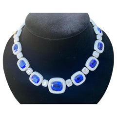 Opulent 211 Carat AAAA Intense Blue Tanzanite and Diamond 18 Karat Gold Necklace