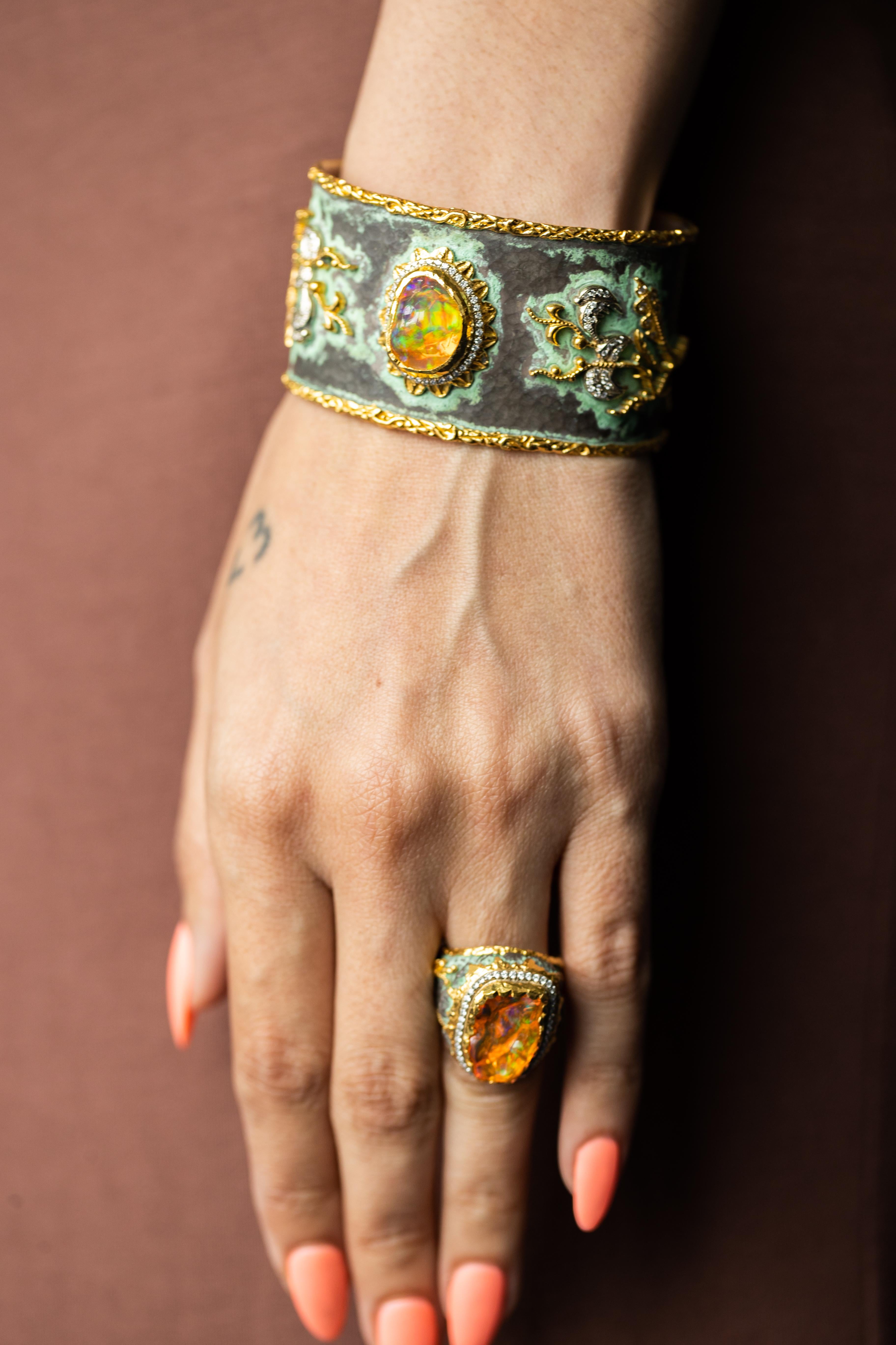 Modern Opulent 24K Gold & Silver Cuff  with Fire Opal and Diamonds by Victor Velyan For Sale