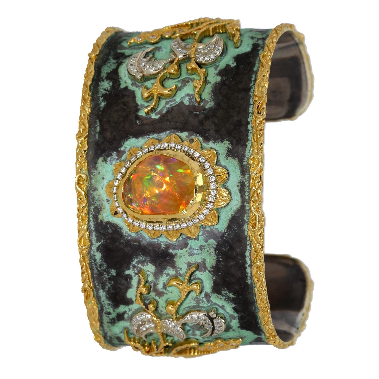 Uncut Opulent 24K Gold & Silver Cuff  with Fire Opal and Diamonds by Victor Velyan For Sale