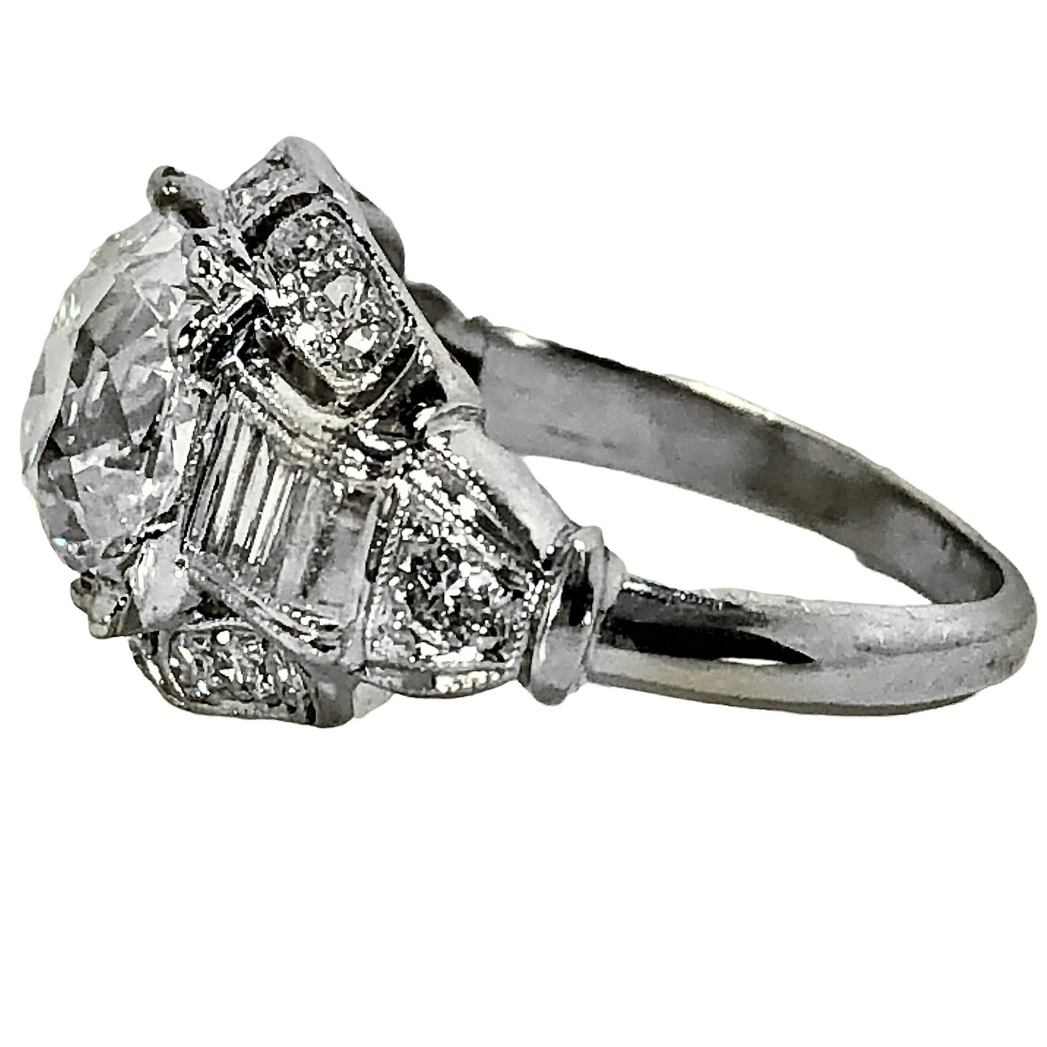 Opulent 2.98ct Old Cushion Cut Diamond in Platinum Art-Deco Solitaire Mounting In Good Condition In Palm Beach, FL