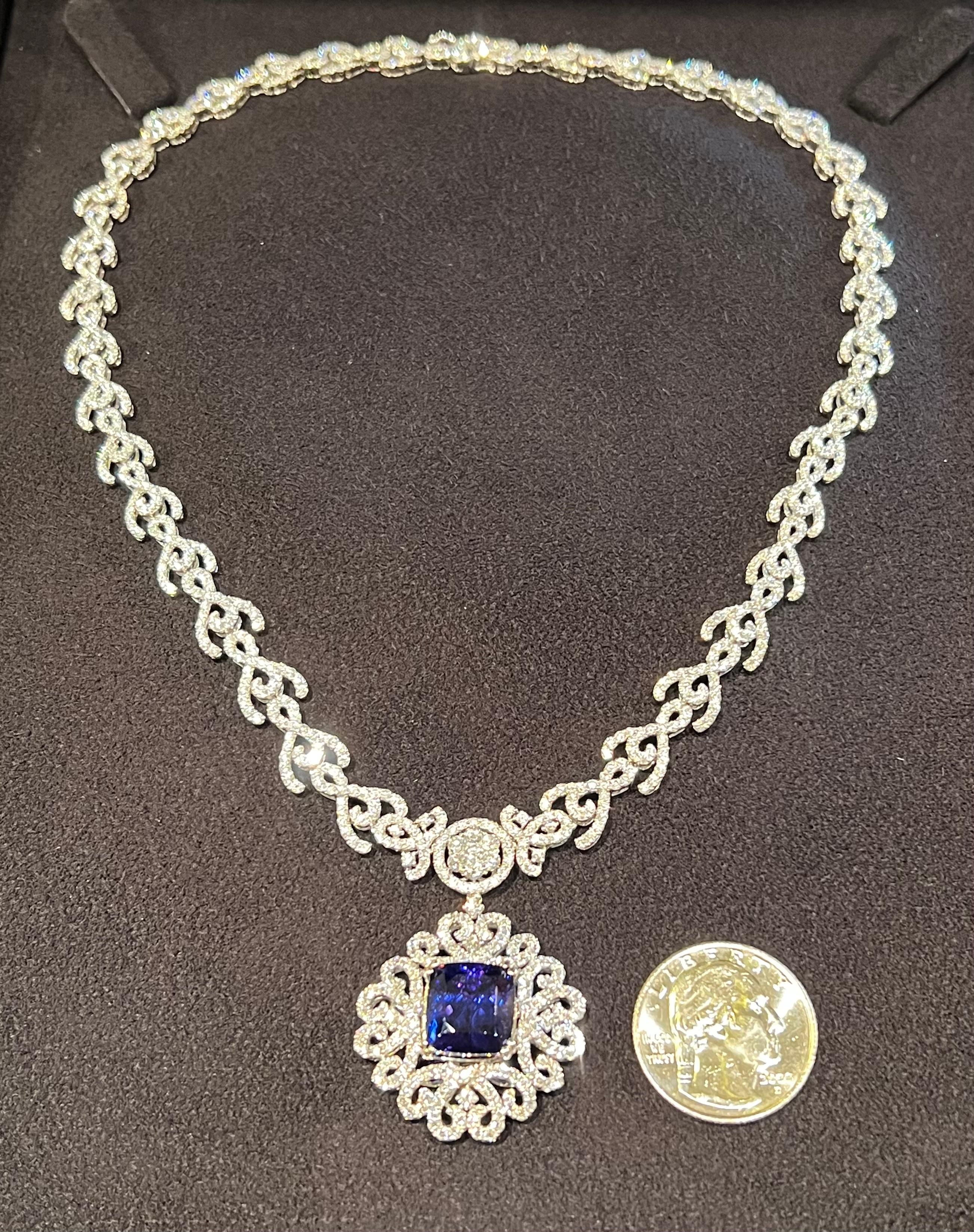 Opulent 43.56 Carat AAAA Intense Blue Tanzanite and Diamond 18K Gold Necklace 2