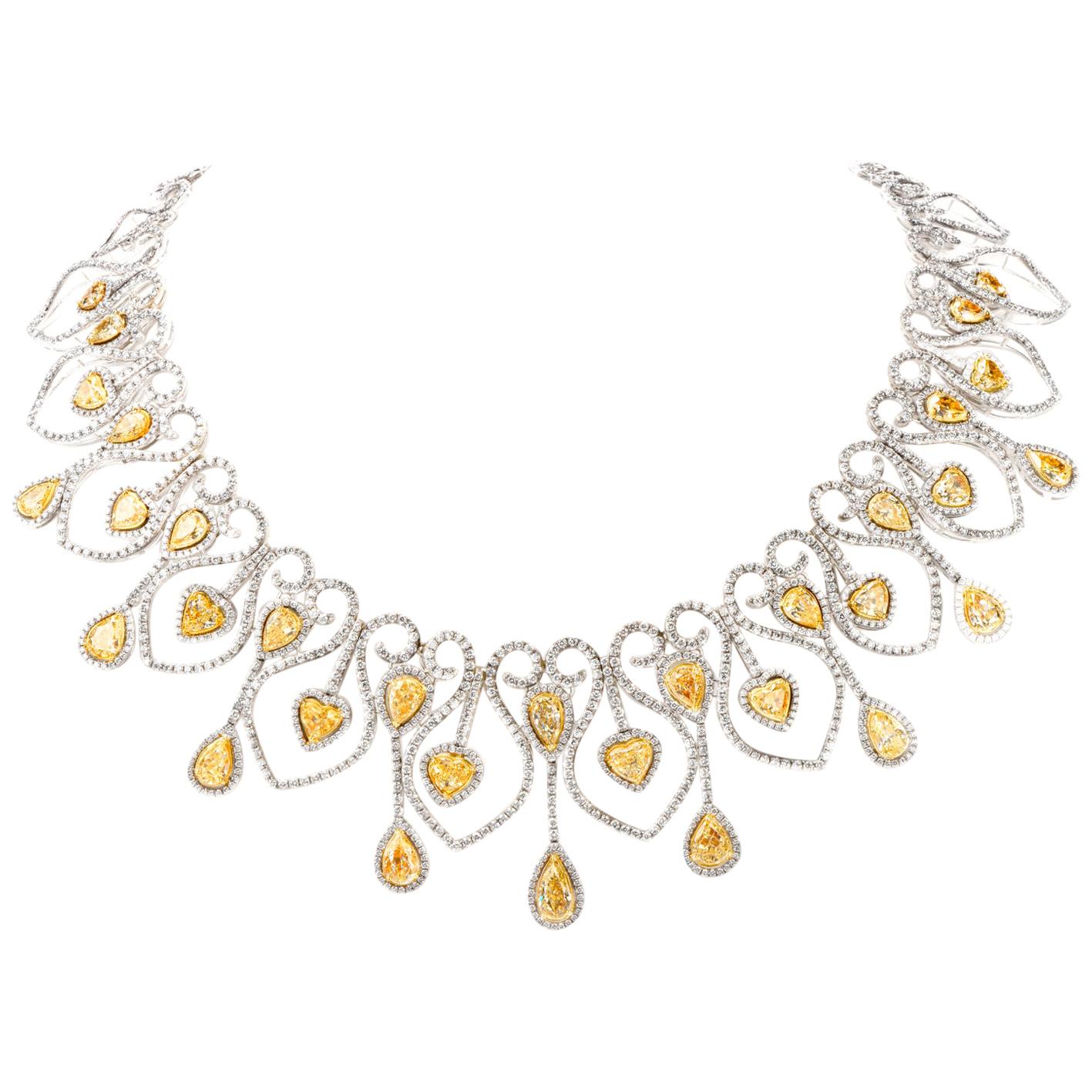 Opulent 55.50 Carat Yellow and White Diamond 18 Karat Chandelier Choker Necklace