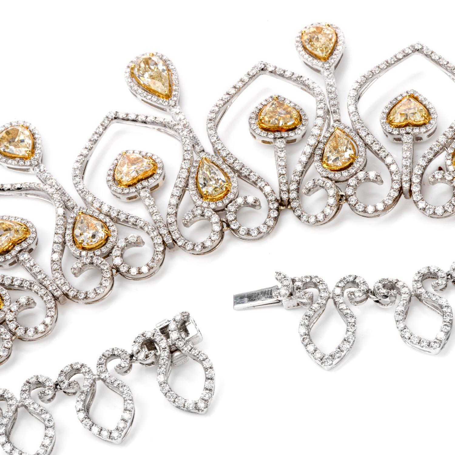 Art Deco Opulent 55.50 Carat Yellow and White Diamond 18 Karat Chandelier Choker Necklace