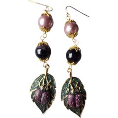 Opulent Amethyst & Pearl Drop Earrings with Enamel Beetle Motifs