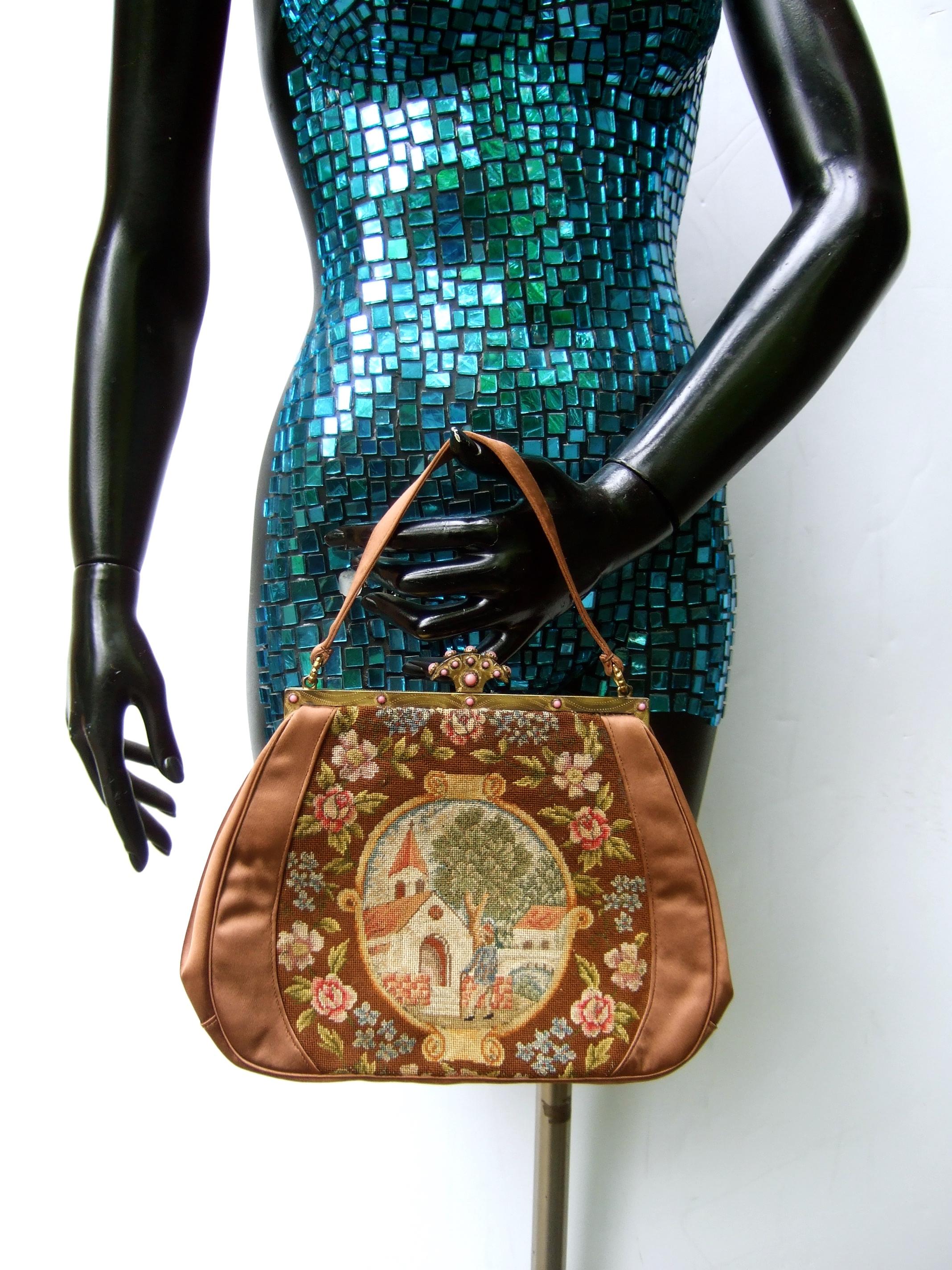 Opulent French Petit Point Copper Satin Glass Jeweled Evening Bag c 1950 8