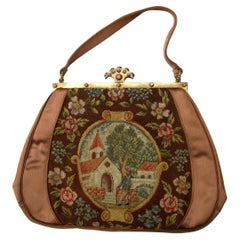 Opulent French Petit Point Copper Satin Glass Jeweled Evening Bag c 1950