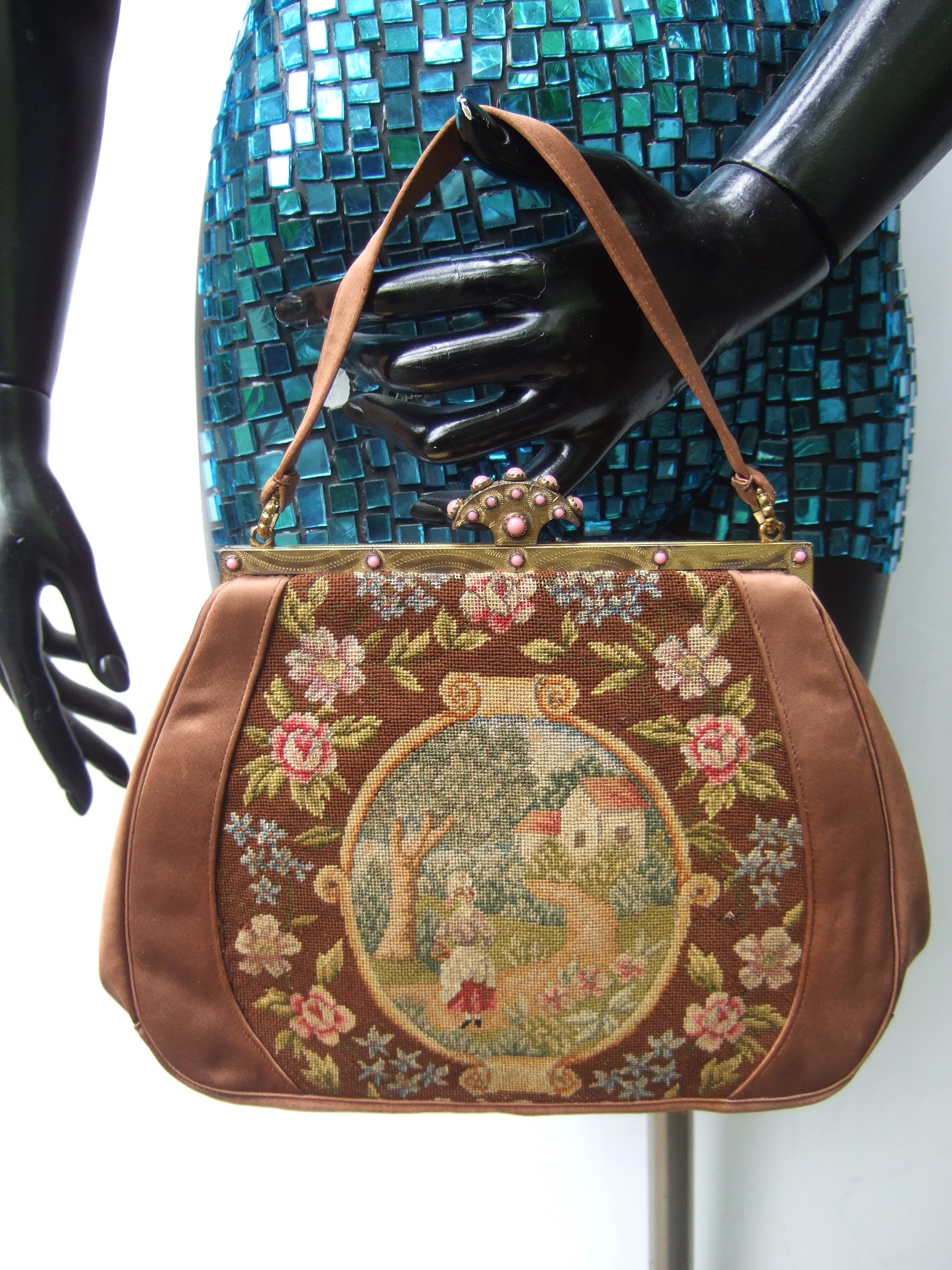 Opulent French Petit Point Copper Satin Glass Jeweled Evening Bag c 1950 In Good Condition In University City, MO
