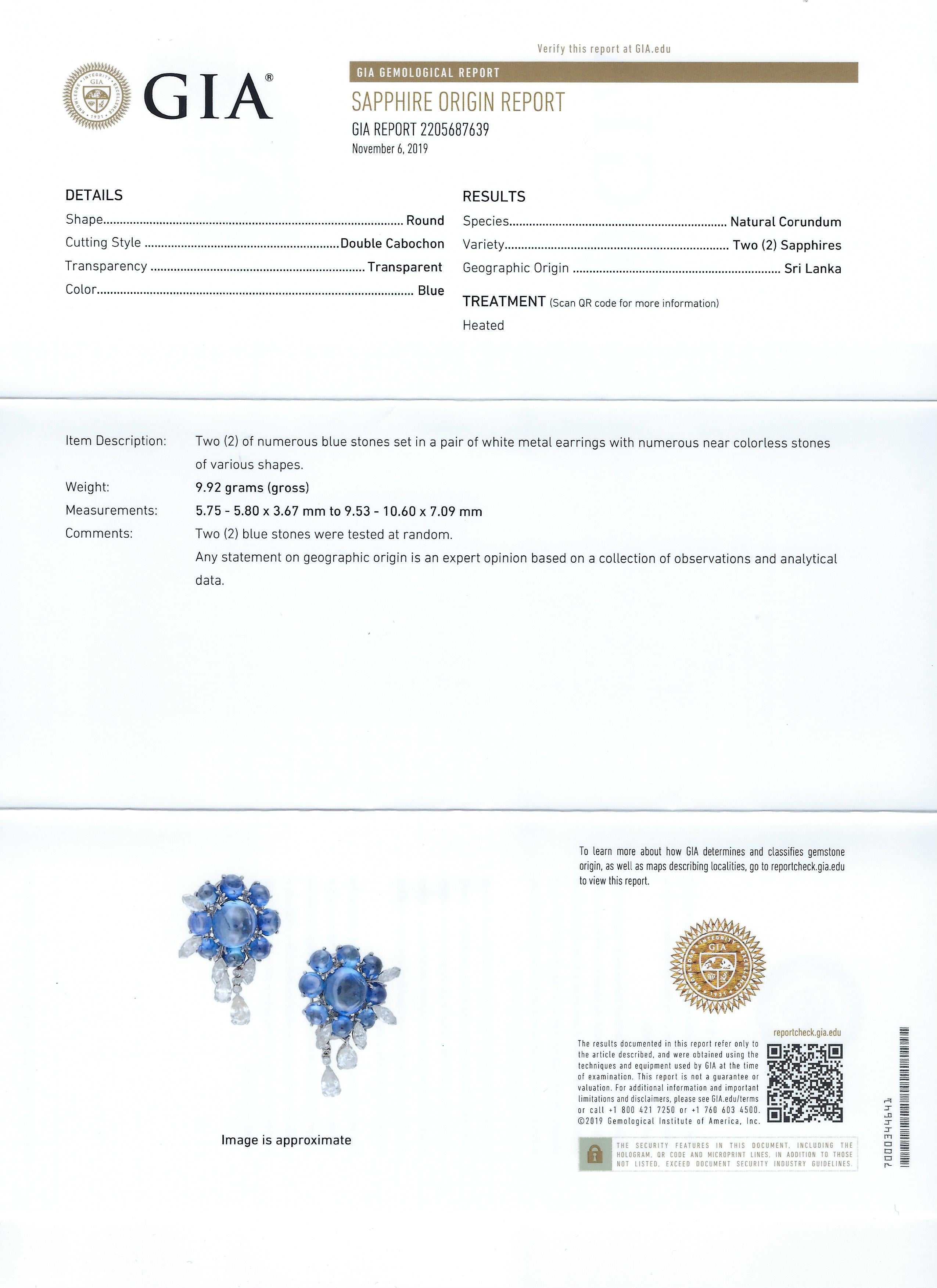 Opulent GIA Sapphire Shield Platinum Ear Clips In Excellent Condition For Sale In METAIRIE, LA
