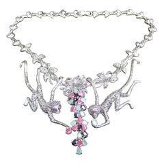 Opulent Jewel Encrusted Sterling Articulated Monkey Choker Necklace 21st c