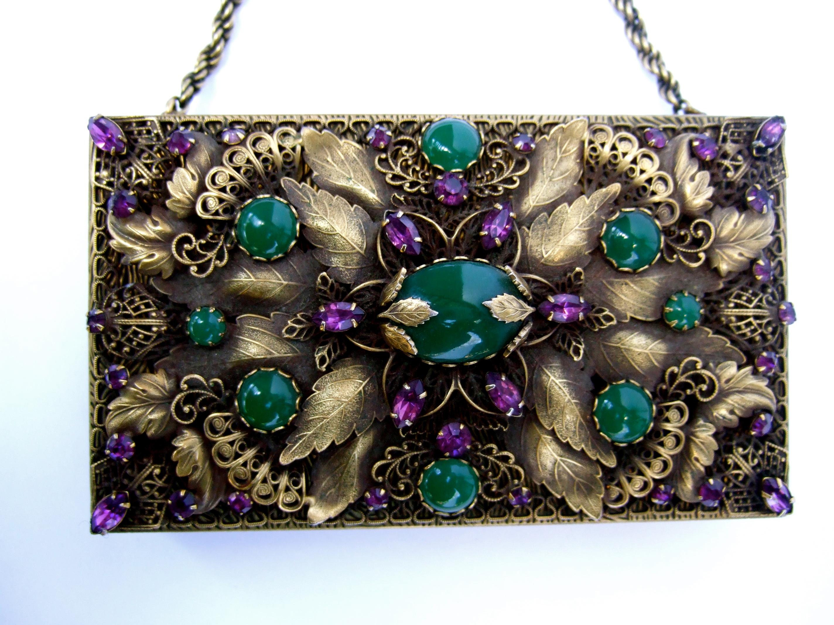 Opulent Jeweled Brass Metal Filigree Evening Bag - Compact Case by Evans c 1950s 3