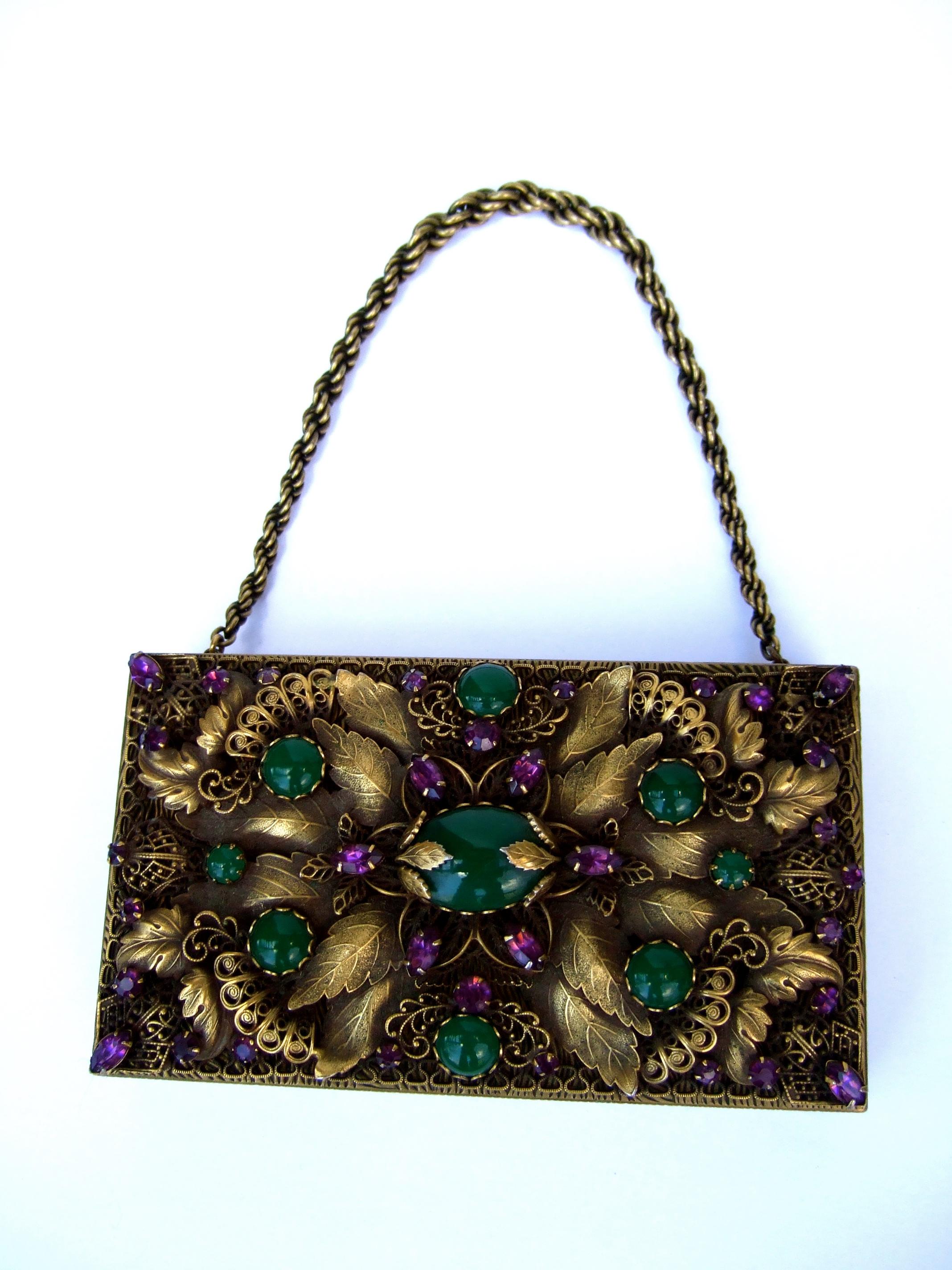 Opulent Jeweled Brass Metal Filigree Evening Bag - Compact Case by Evans c 1950s 4