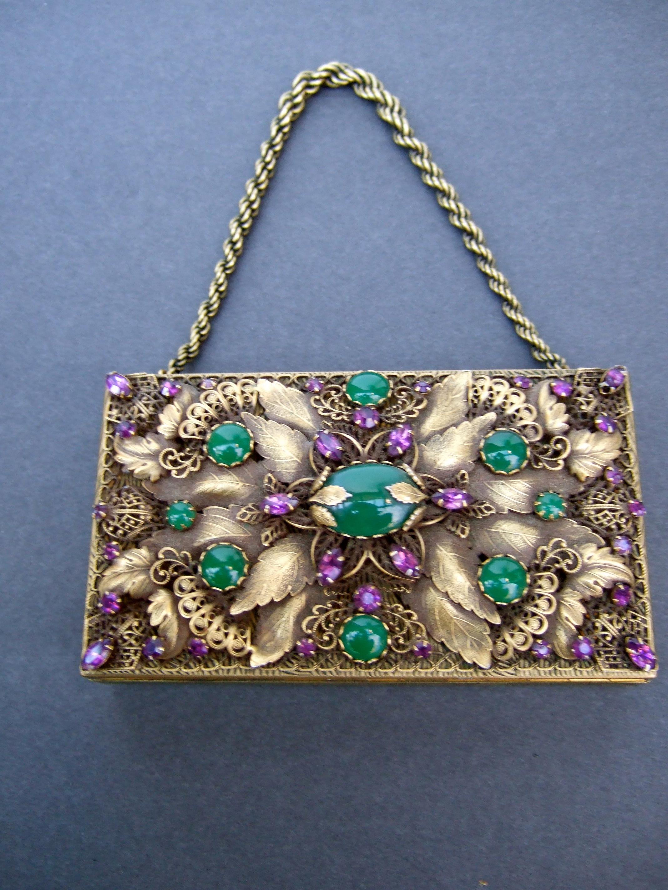 Opulent Jeweled Brass Metal Filigree Evening Bag - Compact Case by Evans c 1950s 9
