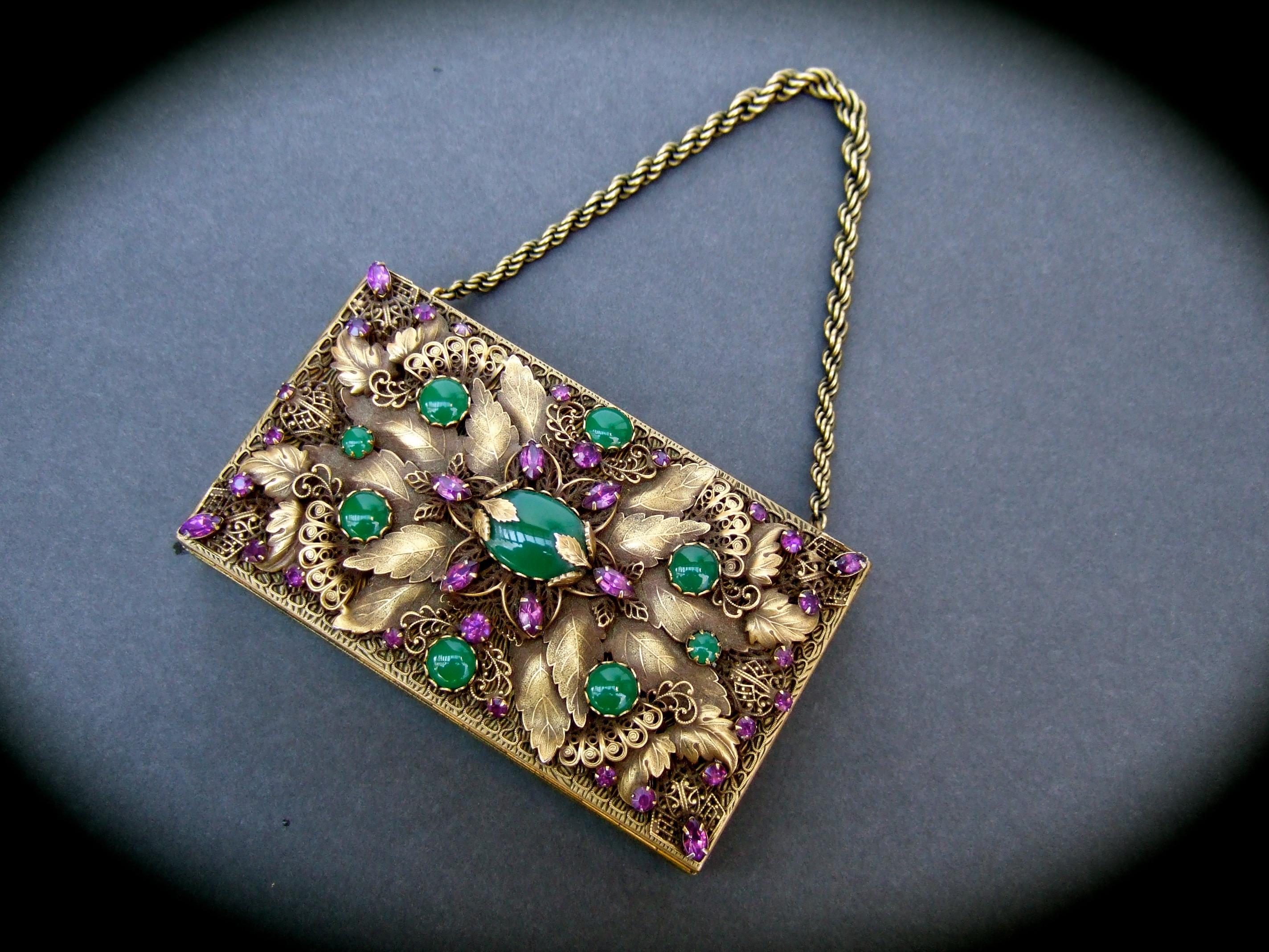 Women's Opulent Jeweled Brass Metal Filigree Evening Bag - Compact Case by Evans c 1950s