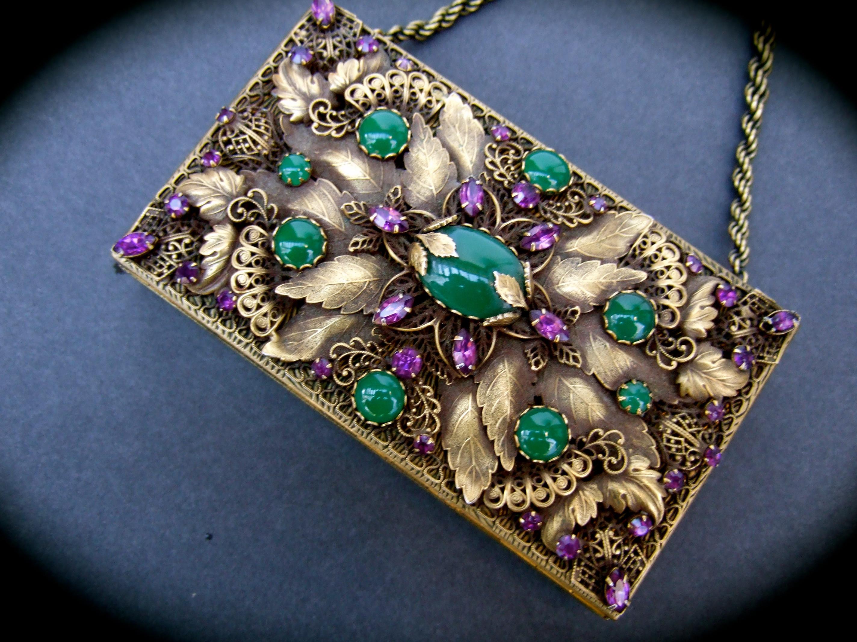 Opulent Jeweled Brass Metal Filigree Evening Bag - Compact Case by Evans c 1950s 1