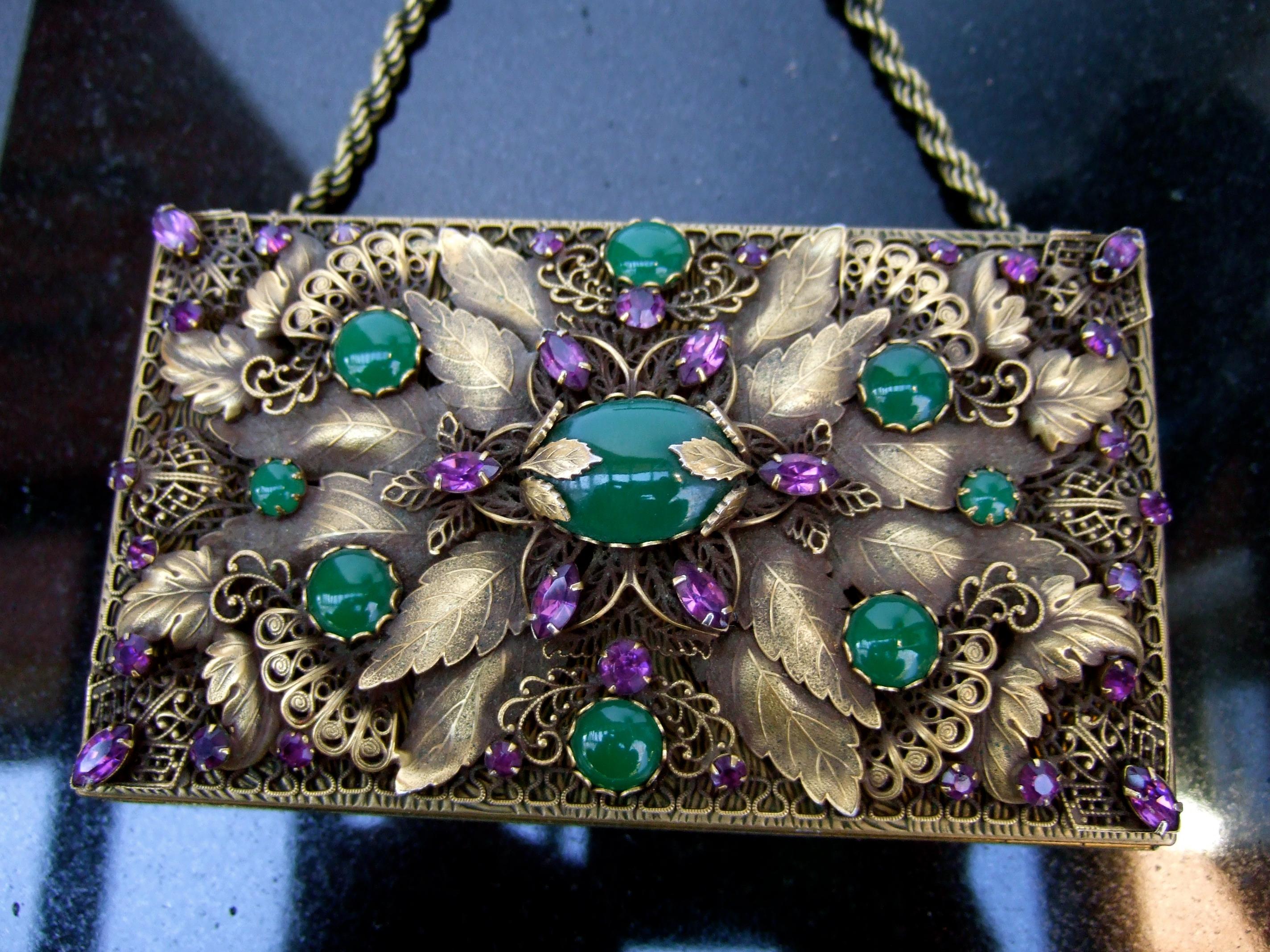 Opulent Jeweled Brass Metal Filigree Evening Bag - Compact Case by Evans c 1950s 2
