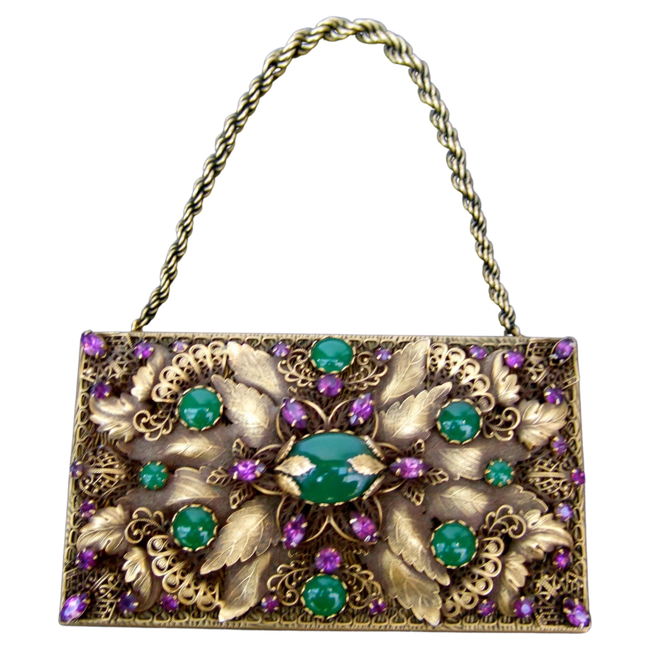 Opulent Jeweled Brass Metal Filigree Evening Bag - Compact Case by Evans c 1950s