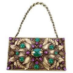 Retro Opulent Jeweled Brass Metal Filigree Evening Bag - Compact Case by Evans c 1950s