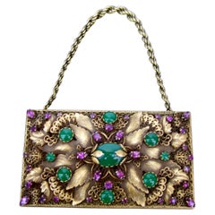 Vintage Opulent Jeweled Brass Metal Filigree Evening Bag - Compact Case by Evans c 1950s