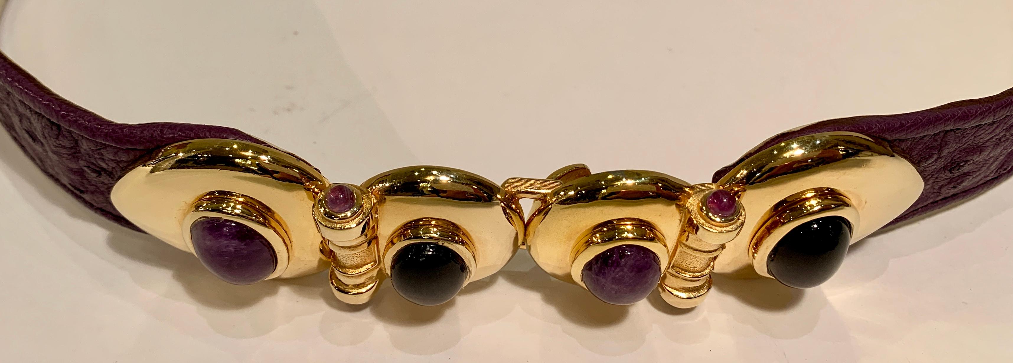 Opulent Judith Leiber Real Lavender Jade, Black Onyx and Plum Ostrich Gold Belt  In Good Condition In Tustin, CA