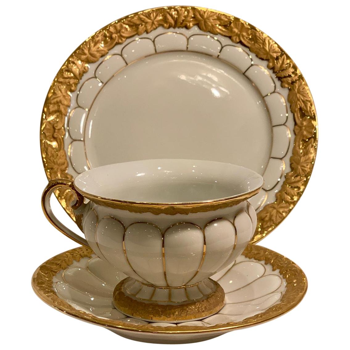 Opulent Meissen Germany "Golden Baroque" Trio Set Cup, Saucer and Dessert Plate