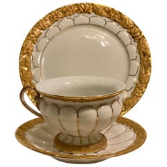 Antique Opulent Meissen Germany "Golden Baroque" Trio Set Cup, Saucer and Dessert Plate