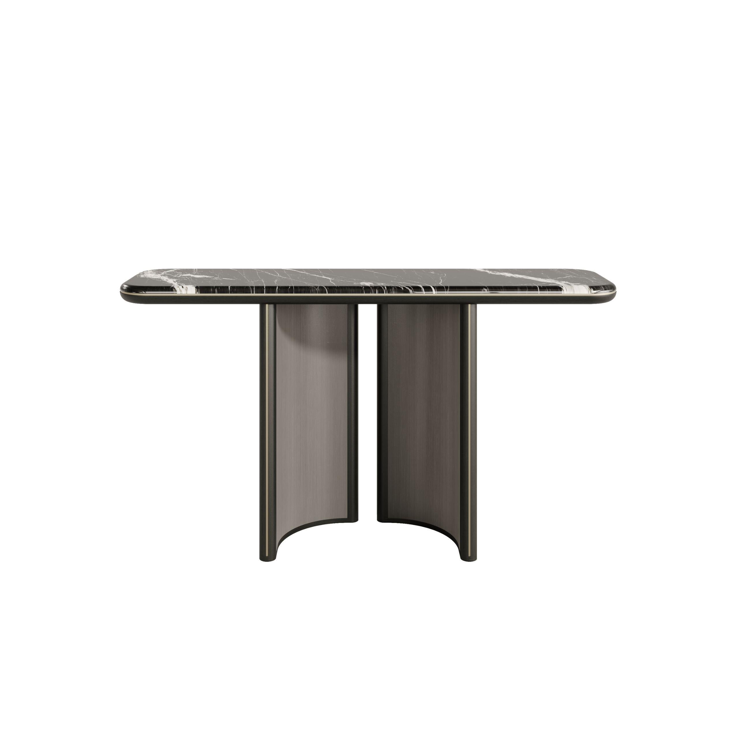 Portuguese Opulent Modern Console Table with Marble Top & Color Antique Brass Accents For Sale