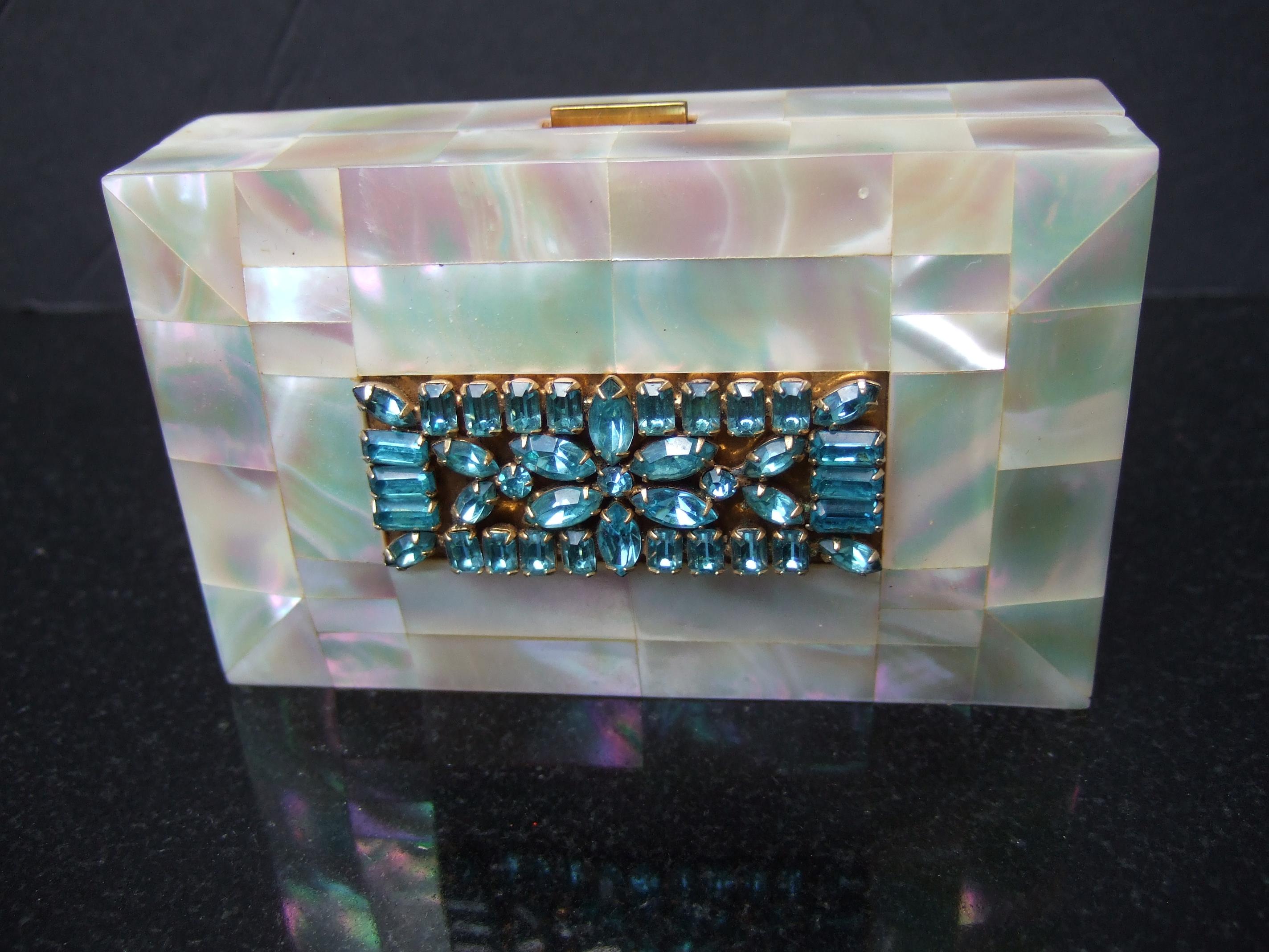 Opulent Mother of Pearl Crystal Encrusted Compact Evening Bag by Elgin c 1950s For Sale 11