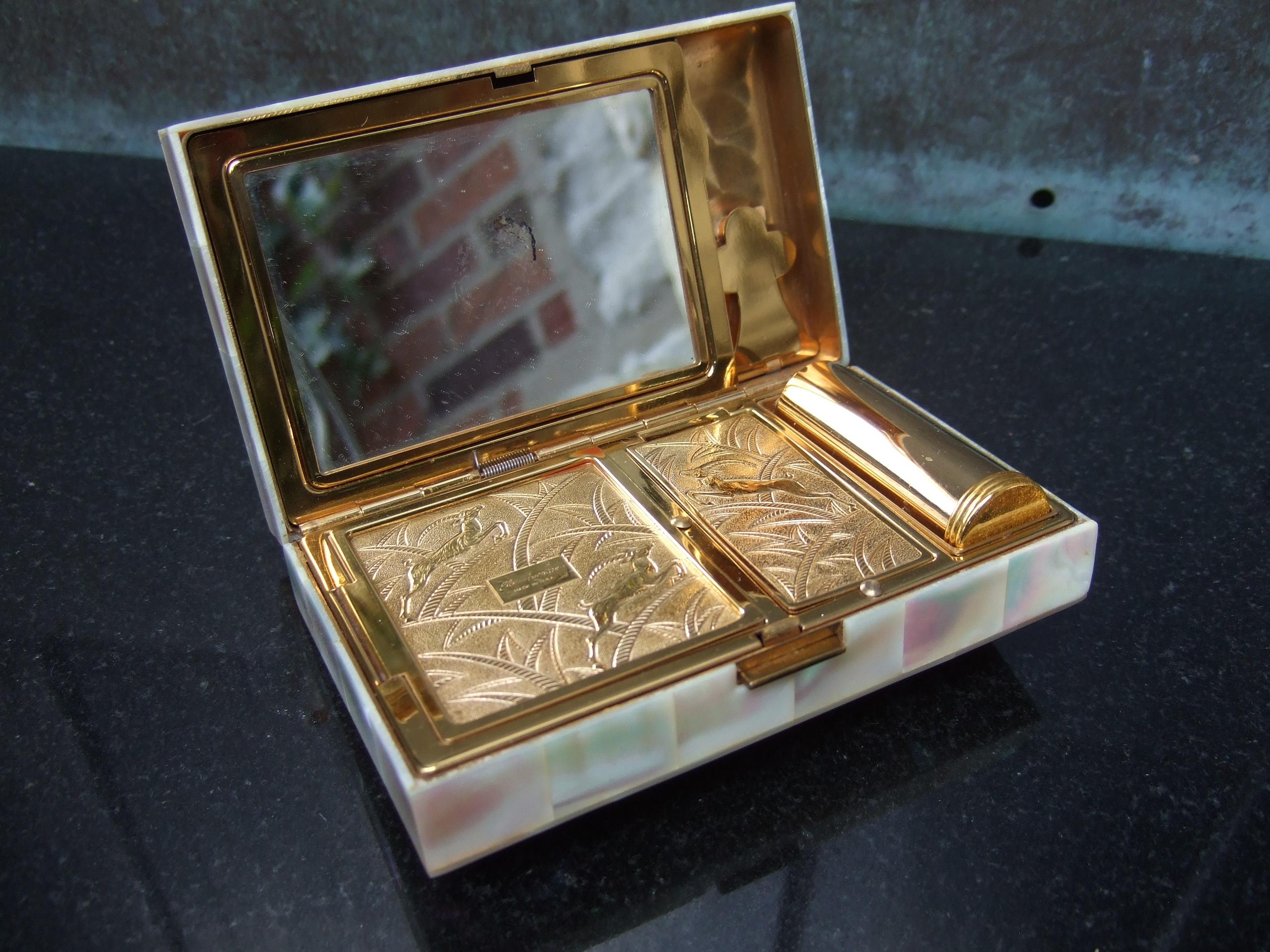 Women's Opulent Mother of Pearl Crystal Encrusted Compact Evening Bag by Elgin c 1950s For Sale