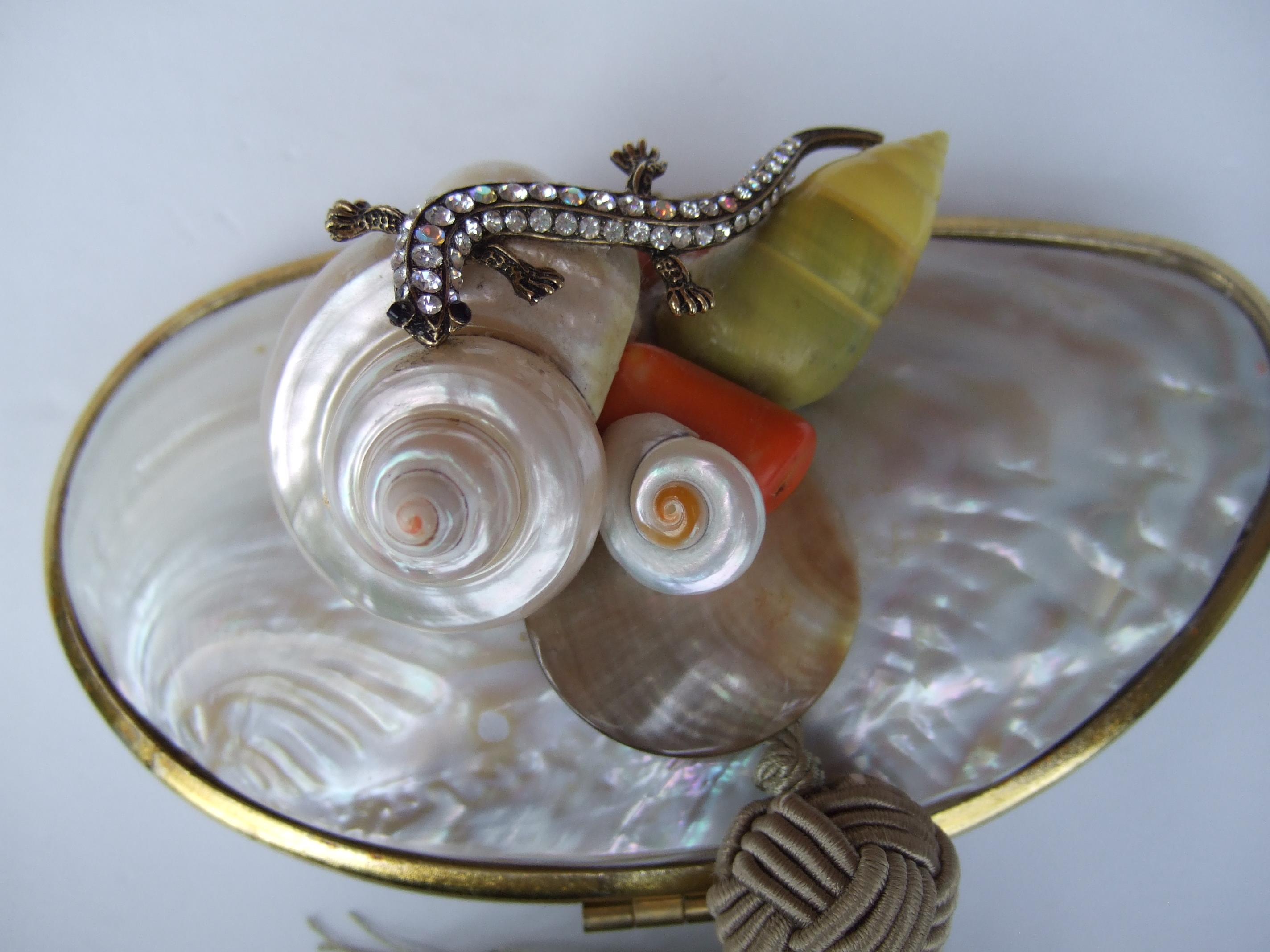 Opulent Mother of Pearl Crystal Lizard Encrusted Artisan Clutch c 1970s For Sale 5