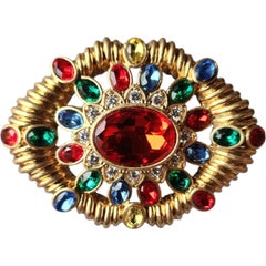 Opulent Multi-Gem Jeweled Sunburst Brooch Gold-Tone, Vintage Statement