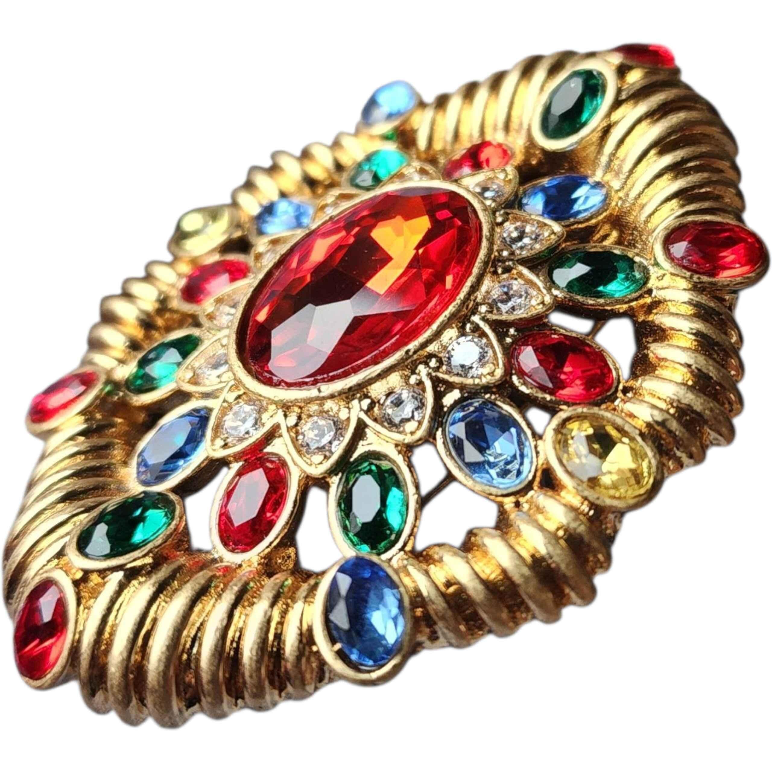 Taglio baguette Opulenta spilla a raggiera con Jewell multipli, tonalità oro, dichiarazione d'epoca in vendita