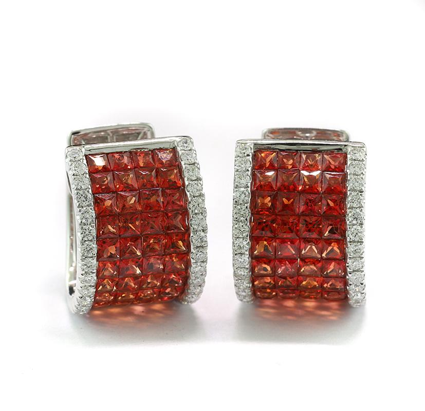Contemporary Opulent orange Sapphire and Diamonds Earrings, 4.24 Carats, 18 Karat White Gold For Sale