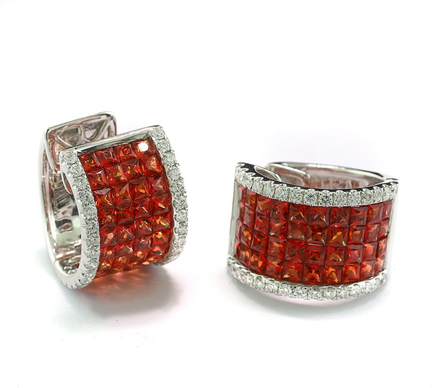 Princess Cut Opulent orange Sapphire and Diamonds Earrings, 4.24 Carats, 18 Karat White Gold For Sale