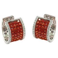 Opulent orange Sapphire and Diamonds Earrings, 4.24 Carats, 18 Karat White Gold