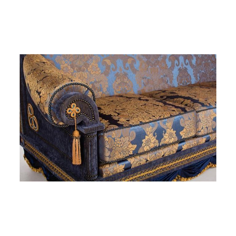 Opulent Pair of French Royal Blue and Gold Silk Damask ThreeCushion