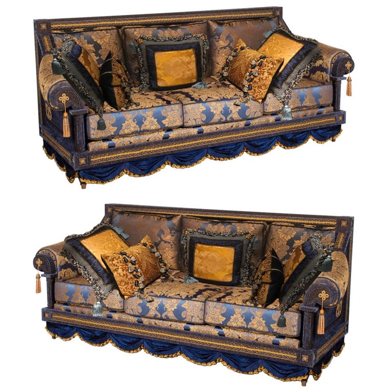 Ont Pair Of French Royal Blue And Gold Silk Damask Three Cushion Ont Pair Of French Royal Blue Gold Silk Damask Three Cushion Sofas Couches For