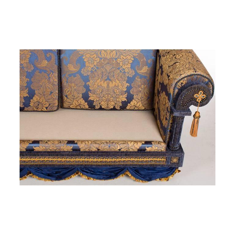 Opulent Pair of French Royal Blue & Gold Silk Damask Three-Cushion Sofas Couches 2