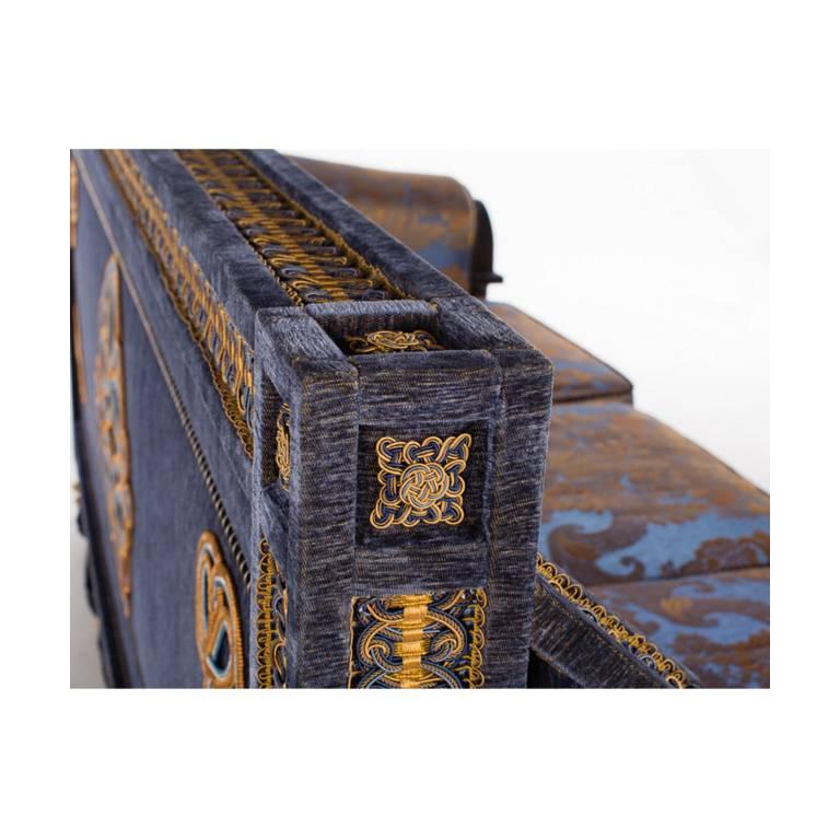 Opulent Pair of French Royal Blue & Gold Silk Damask Three-Cushion Sofas Couches 5