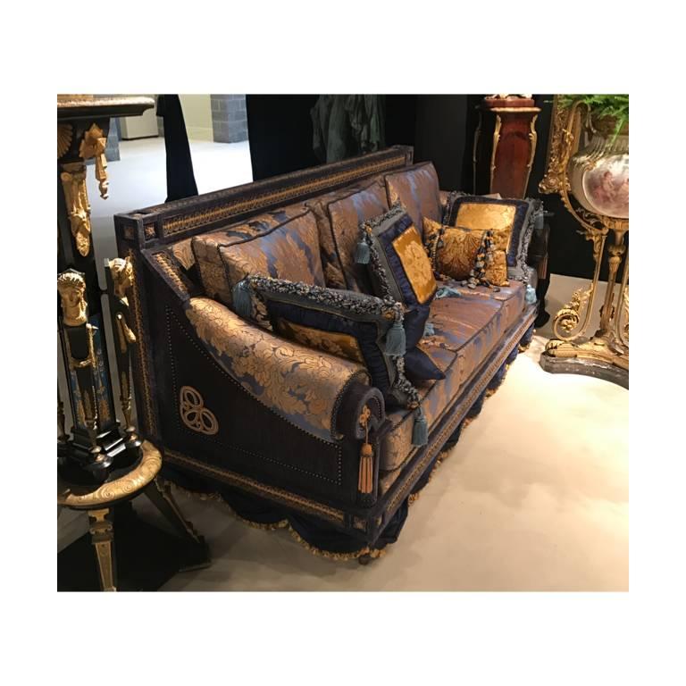 Opulent pair of French royal blue and gold silk damask three-cushion sofas couches,
designed by Alberto Pinto in Paris, circa 1990s in the Versace style.


