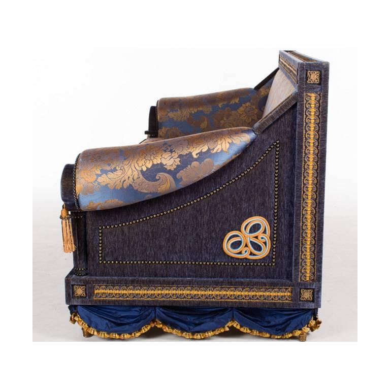 Modern Opulent Pair of French Royal Blue & Gold Silk Damask Three-Cushion Sofas Couches