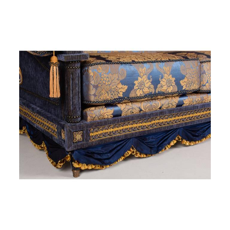 20th Century Opulent Pair of French Royal Blue & Gold Silk Damask Three-Cushion Sofas Couches