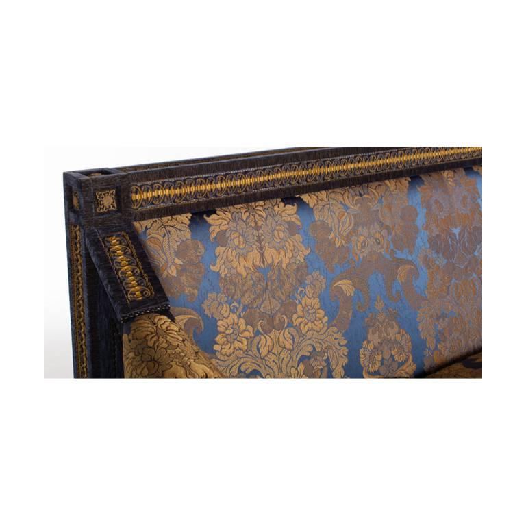 Opulent Pair of French Royal Blue & Gold Silk Damask Three-Cushion Sofas Couches 1
