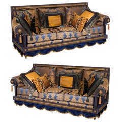 Opulent Pair of French Royal Blue & Gold Silk Damask Three-Cushion Sofas Couches