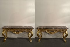 Opulent Pair of Italian Rococo 24 Carat Gilded Wood Consoles with Marble Tops