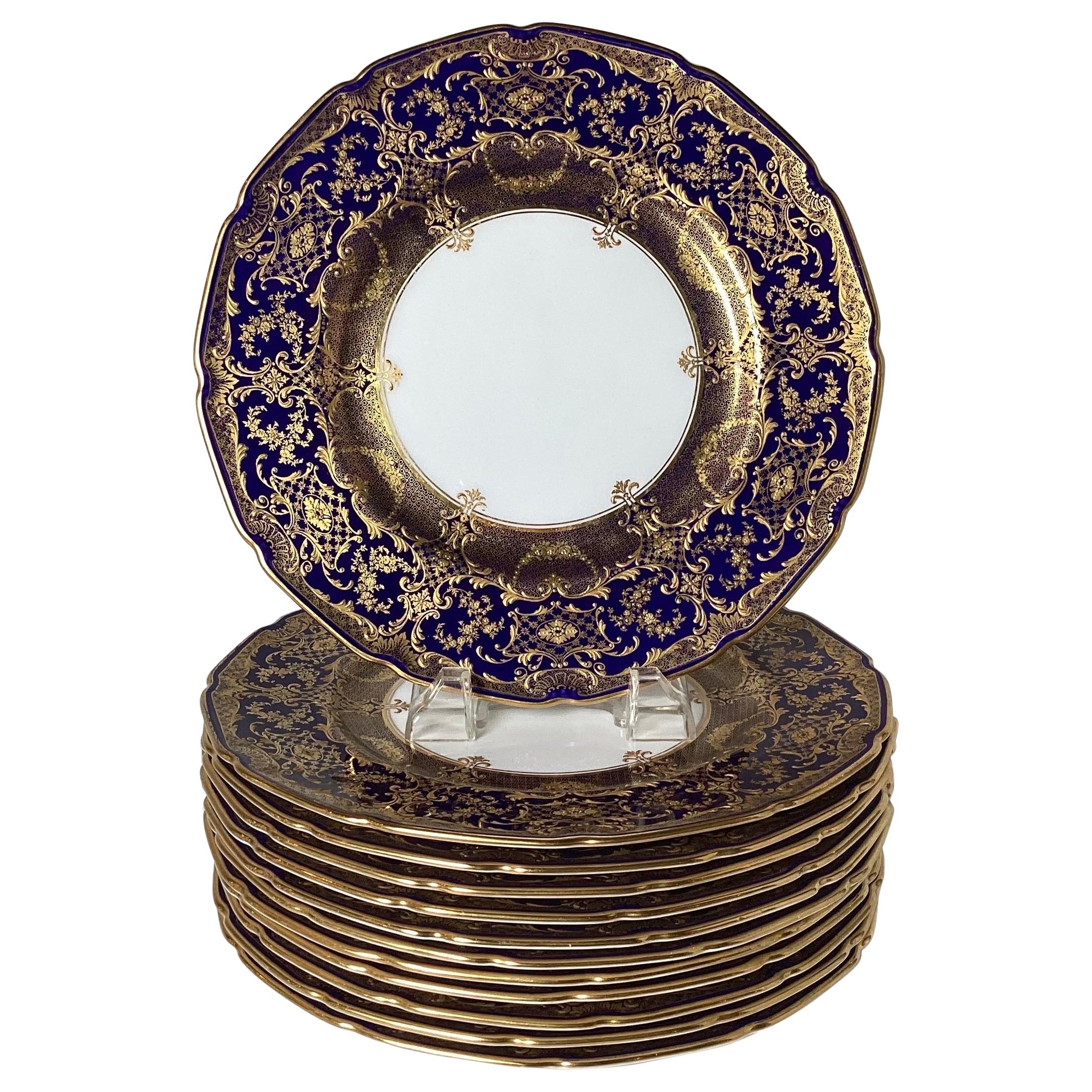 Opulent Set of 12 Ornate English Raised Gilded Cobalt Dinner Service Plates