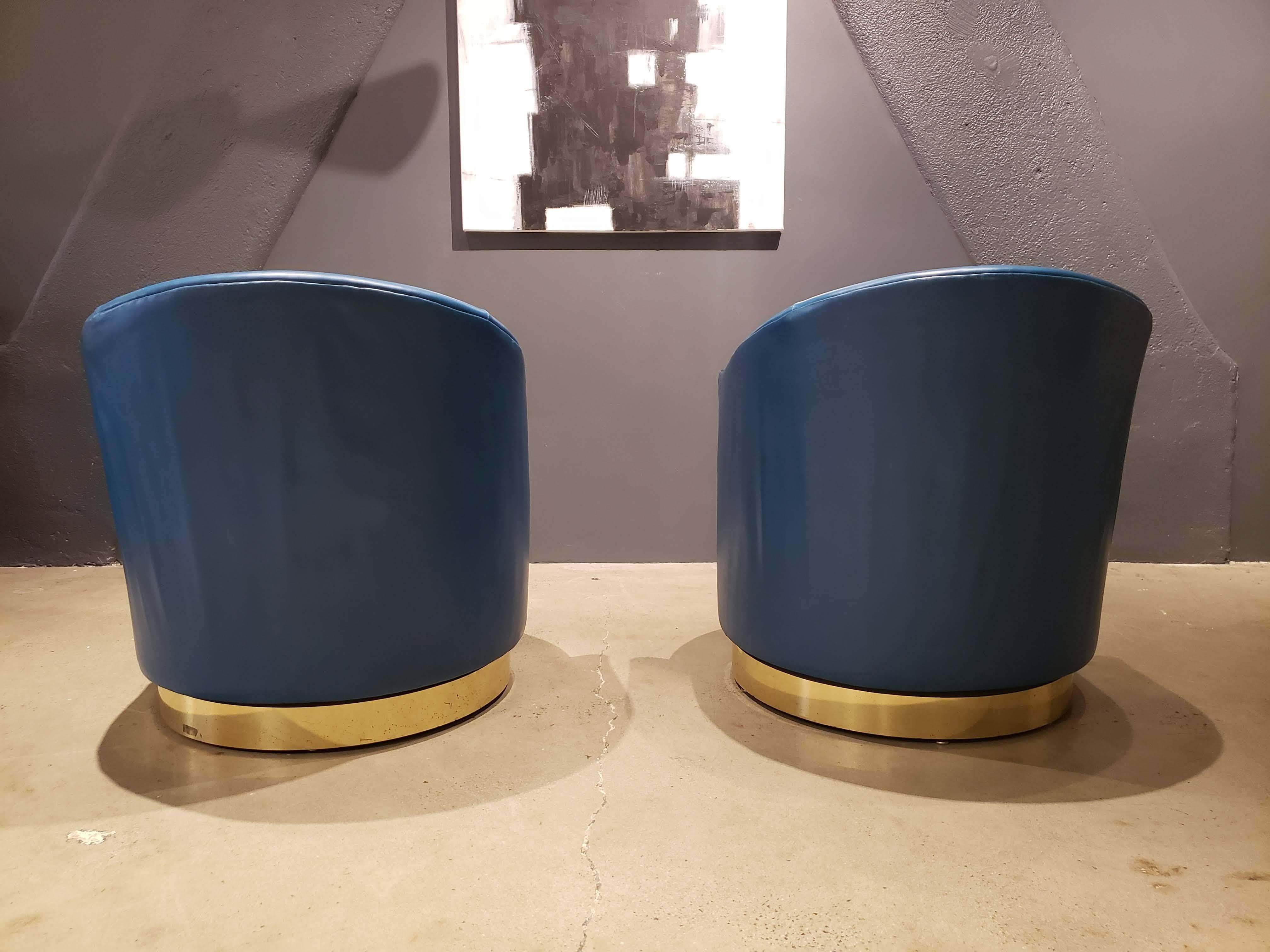 Mid-Century Modern Opulent Swivel Chairs by Karl Springer in Brass and Original Teal Leather, Pair