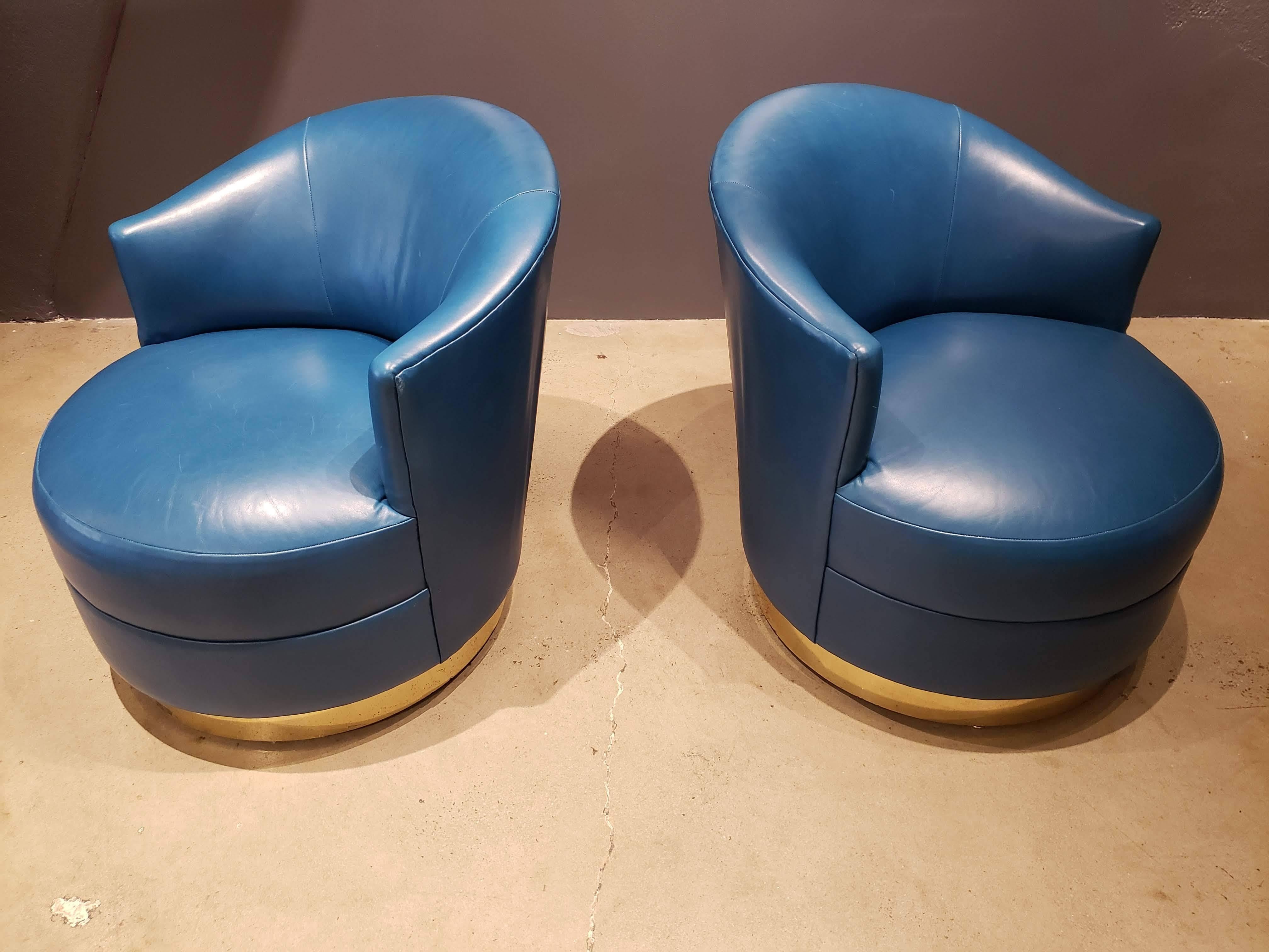 American Opulent Swivel Chairs by Karl Springer in Brass and Original Teal Leather, Pair